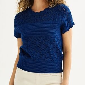 Draper James Women's Short Sleeve Crochet Pullover Sweater Navy Blue Size XL